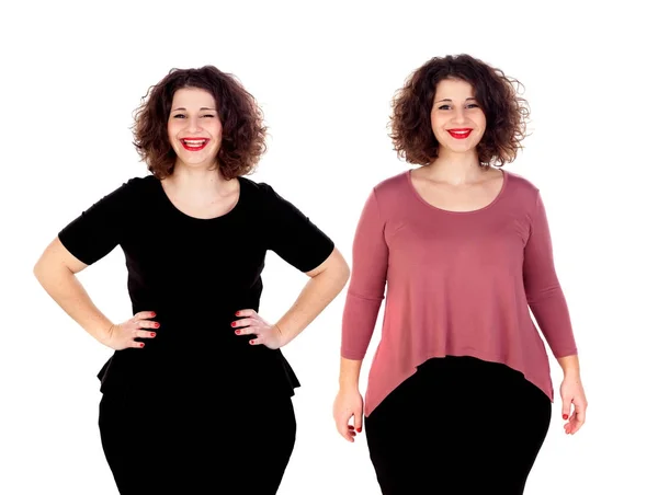 Glimlachend Mooie Overgewicht Jonge Vrouw Verschillende Kleren Geïsoleerd Witte Achtergrond — Stockfoto