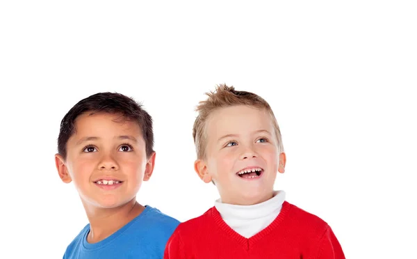 Grappige Kinderen Kijken Omhoog Geïsoleerd Een Witte Achtergrond — Stockfoto