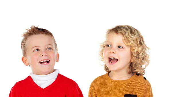 Portrait Two Beautiful Little Boys Isolated White Background — Stock Photo, Image