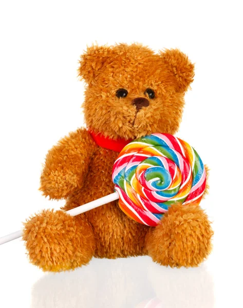 Brauner Teddybär Mit Lollipop Bonbons Isoliert Auf Weißem Hintergrund — Stockfoto