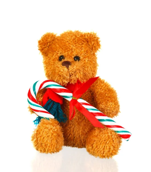 Bruin Teddybeer Met Riet Van Het Suikergoed Geïsoleerd Witte Achtergrond Stockfoto