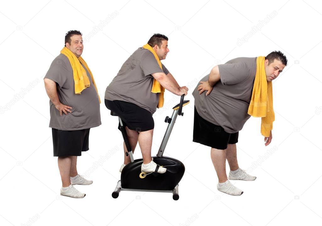  fat man doing sport exercises isolated on white background