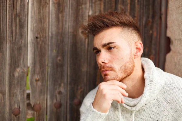 Attractive Young Man White Jersey Posing Old House — Stock Photo, Image