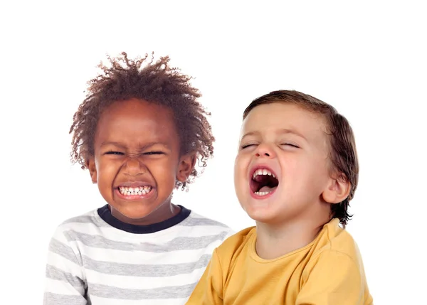 Portret Van Twee Mooie Kleine Jongens Lachen Geïsoleerd Witte Achtergrond — Stockfoto