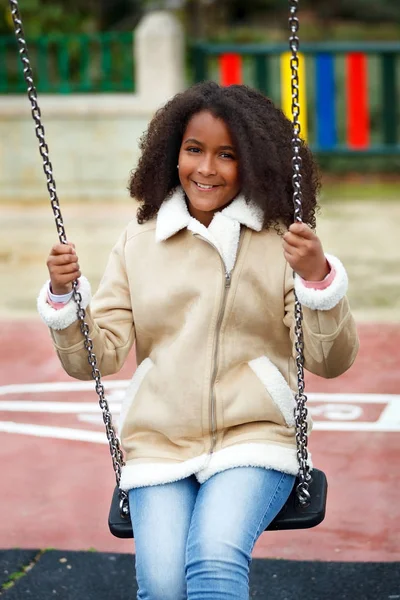 Happy African Girl Beautiful Hair Swing Park — Stock Photo, Image