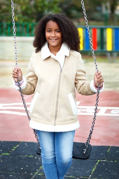 Happy African Girl Beautiful Hair Swing Park — Stock Photo, Image