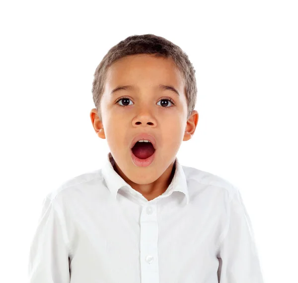 Cute Surprised Little African Boy White Shirt Isolated White Background — Stock Photo, Image