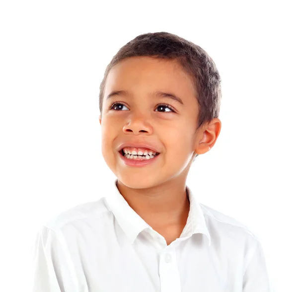 Bonito Feliz Menino Africano Camisa Branca Isolado Fundo Branco — Fotografia de Stock