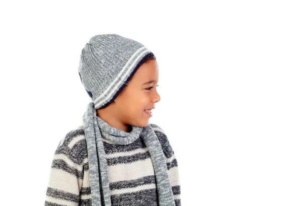 Cute Happy Little African Boy Warm Sweater Wool Scarf Isolated — Stock Photo, Image