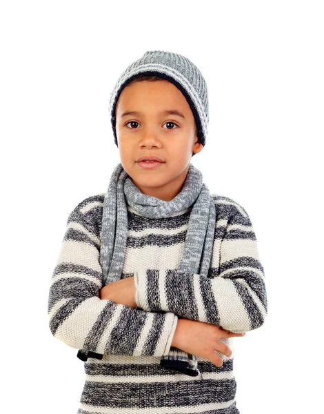 Cute Little African Boy Warm Sweater Scarf Arms Crossed Isolated — Stock Photo, Image