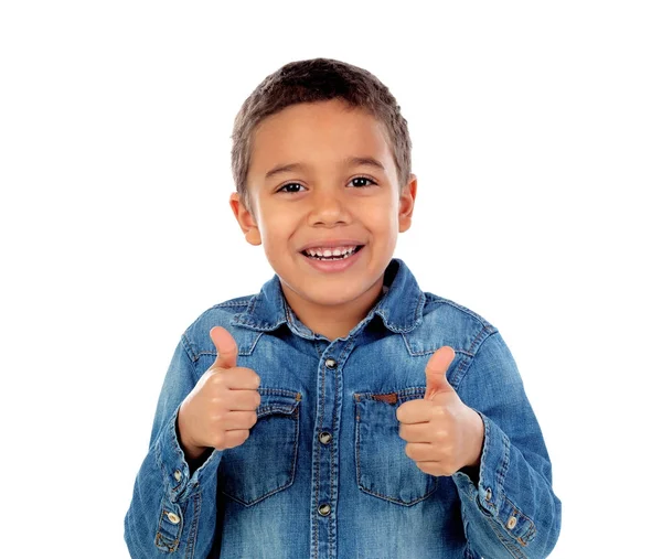 Bonito Pouco Africano Menino Denim Camisa Mostrando Polegares Até Gesto — Fotografia de Stock