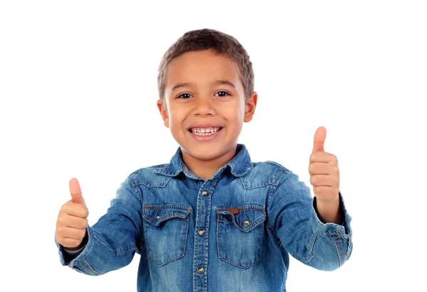 Милый Маленький Африканский Мальчик Джинсовой Рубашке Показывает Большие Пальцы Вверх — стоковое фото