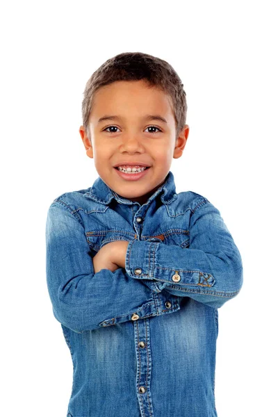 Bonito Menino Africano Camisa Jeans Com Braços Cruzados Isolado Fundo — Fotografia de Stock