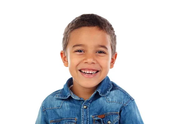 Bonito Feliz Menino Africano Camisa Jeans Isolado Fundo Branco — Fotografia de Stock