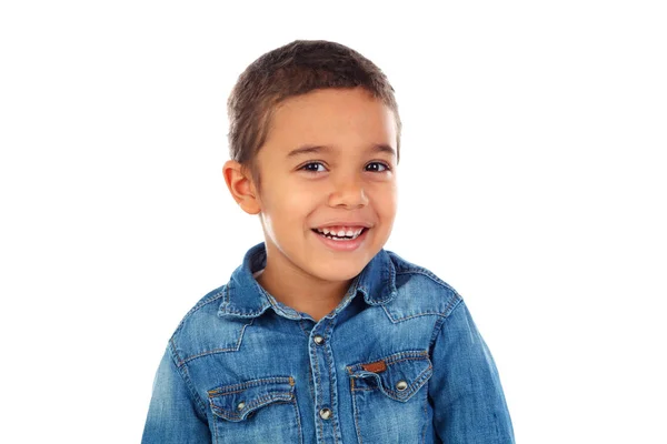 Bonito Feliz Menino Africano Camisa Jeans Isolado Fundo Branco — Fotografia de Stock