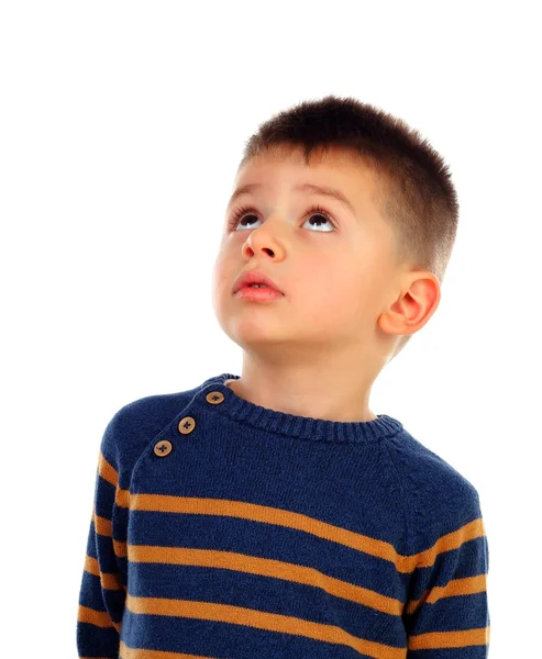 Милий Маленький Хлопчик Дивиться Вгору Ізольовано Білому Тлі — стокове фото