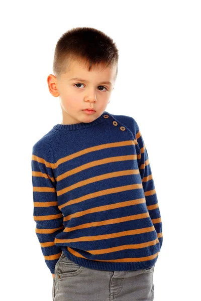 Söt Liten Pojke Med Allvarliga Uttryck Isolerade Vit Bakgrund — Stockfoto
