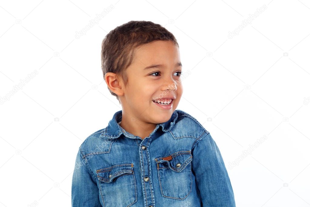 cute happy little African boy in denim shirt isolated on white background