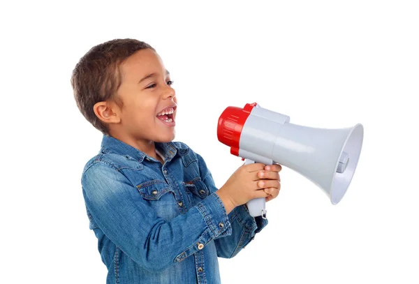 Bonito Feliz Menino Africano Camisa Jeans Gritando Através Megafone Isolado — Fotografia de Stock