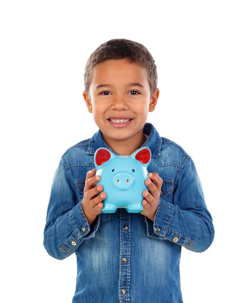 可爱的小非洲男孩在牛仔衬衫持有蓝小猪银行孤立的白色背景 — 图库照片