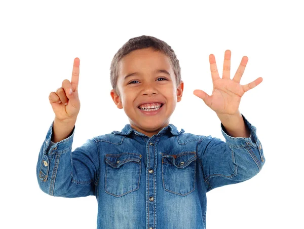 Schattige Gelukkig Weinig Afrikaanse Jongen Denim Overhemd Tellen Met Zijn — Stockfoto