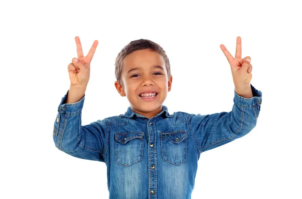 Söt Glad Liten Afrikansk Pojke Jeansskjorta Räknar Med Hans Fingrar — Stockfoto