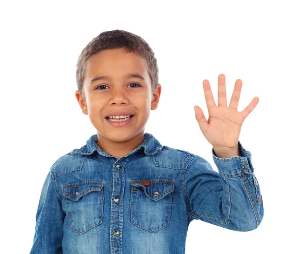 Süße Fröhliche Kleine Afrikanische Junge Jeanshemd Zählen Mit Seinen Fingern — Stockfoto