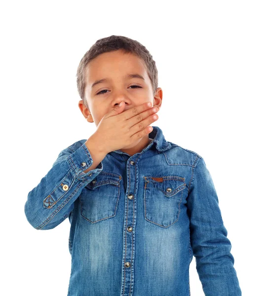 Afrikaanse Jongetje Denim Overhemd Die Betrekking Hebben Mond Geïsoleerd Witte — Stockfoto