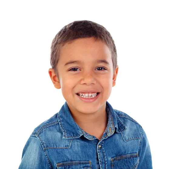 Carino Felice Ragazzo Africano Camicia Jeans Isolato Sfondo Bianco — Foto Stock