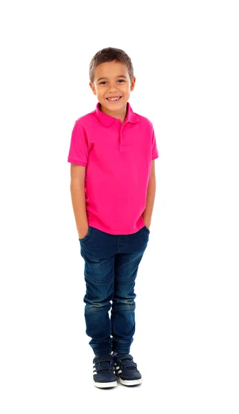 Lindo Niño Africano Feliz Camiseta Rosa Aislado Sobre Fondo Blanco —  Fotos de Stock