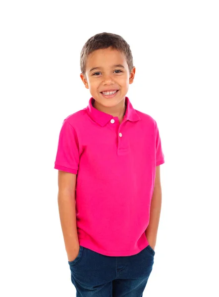 Lindo Niño Africano Feliz Camiseta Rosa Aislado Sobre Fondo Blanco —  Fotos de Stock