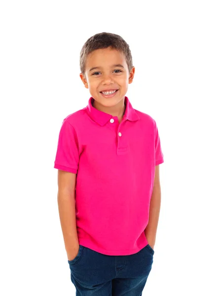 Bonito Feliz Menino Africano Rosa Shirt Isolado Fundo Branco — Fotografia de Stock