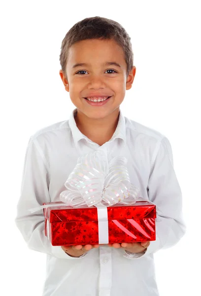 Süße Glückliche Kleine Afrikanische Junge Weißem Hemd Mit Rotem Geschenk — Stockfoto