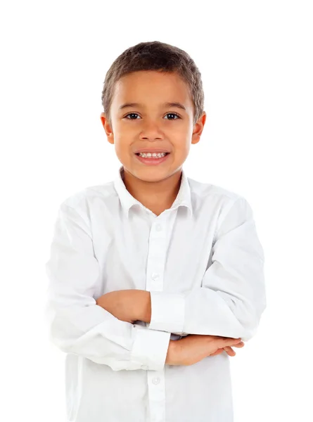 Милый Маленький Африканский Мальчик Белой Рубашке Скрещенными Руками Белом Фоне — стоковое фото