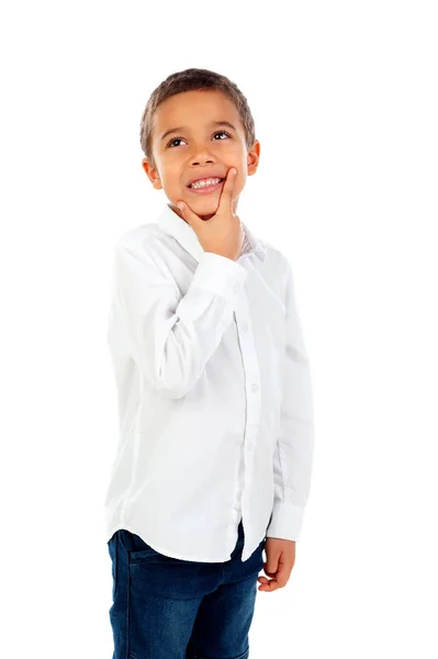 Menino Pequeno Pensativo Camisa Branca Isolada Fundo Branco — Fotografia de Stock