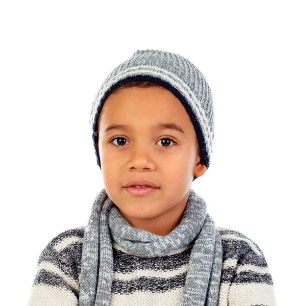 Cute Happy Little African Boy Warm Sweater Wool Scarf Isolated — Stock Photo, Image