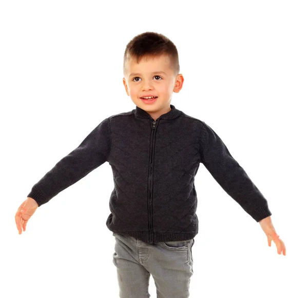 Milý Chlapeček Ukazující Velikost Izolované Bílém Pozadí — Stock fotografie