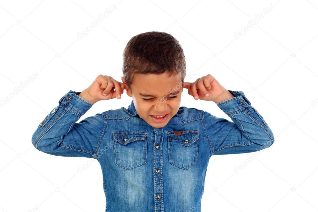 cute little African boy in denim shirt covering ears isolated on white background