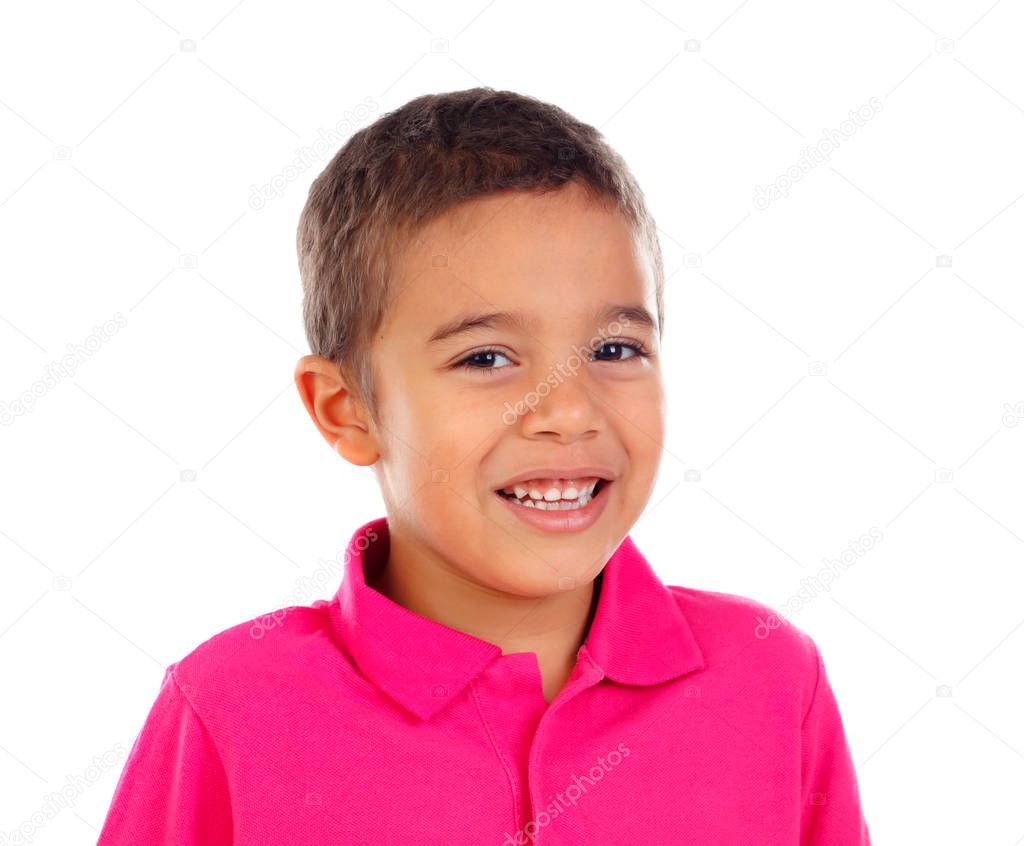 cute little African boy in pink t-shirt isolated on white background