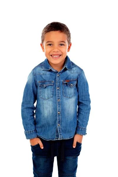 Bonito Feliz Menino Africano Camisa Jeans Isolado Fundo Branco — Fotografia de Stock