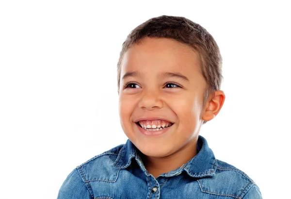 Милый Счастливый Маленький Африканский Мальчик Джинсовой Рубашке Изолированы Белом Фоне — стоковое фото
