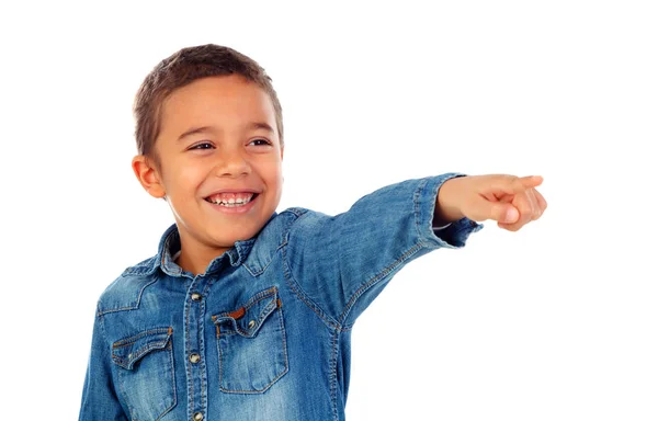 Carino Felice Ragazzo Africano Camicia Jeans Che Punta Con Dito — Foto Stock