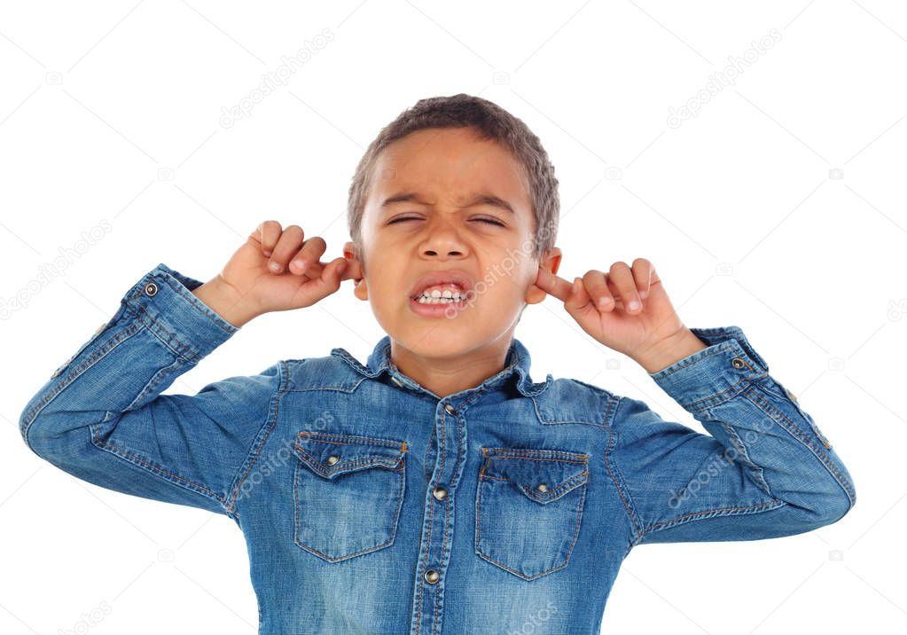cute little African boy in denim shirt covering ears isolated on white background