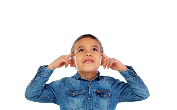 Cute Little African Boy Denim Shirt Covering Ears Isolated White — Stock Photo, Image