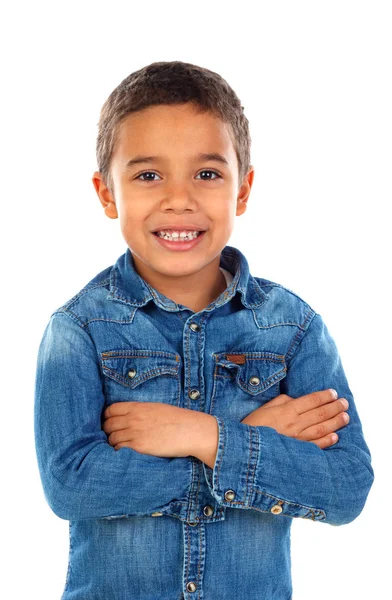 Милый Маленький Африканский Мальчик Джинсовой Рубашке Скрещенными Руками Белом Фоне — стоковое фото