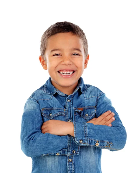 Bonito Menino Africano Camisa Jeans Com Braços Cruzados Isolado Fundo — Fotografia de Stock