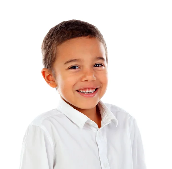 Bonito Feliz Menino Africano Camisa Branca Isolado Fundo Branco — Fotografia de Stock