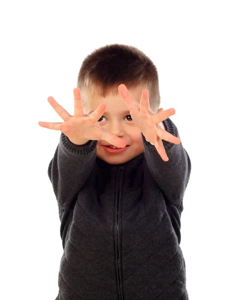 Schattige Kleine Jongen Tonen Handen Geïsoleerd Witte Achtergrond — Stockfoto