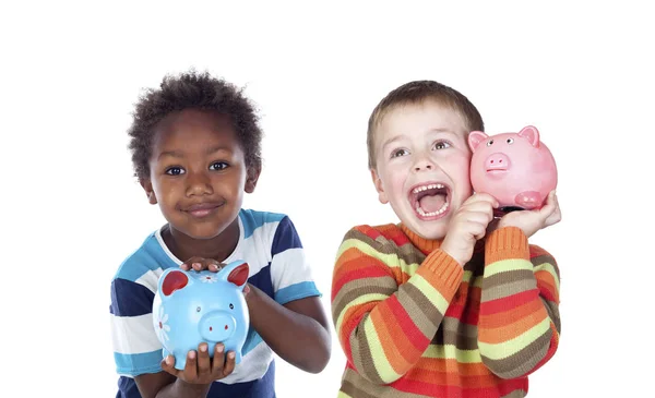 Cute Little Boys Holding Piggy Banks Isolated White Background — Stock Photo, Image
