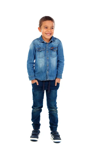 Милий Щасливі Африканських Хлопчик Джинсових Сорочка Ізольовані Білому Тлі — стокове фото